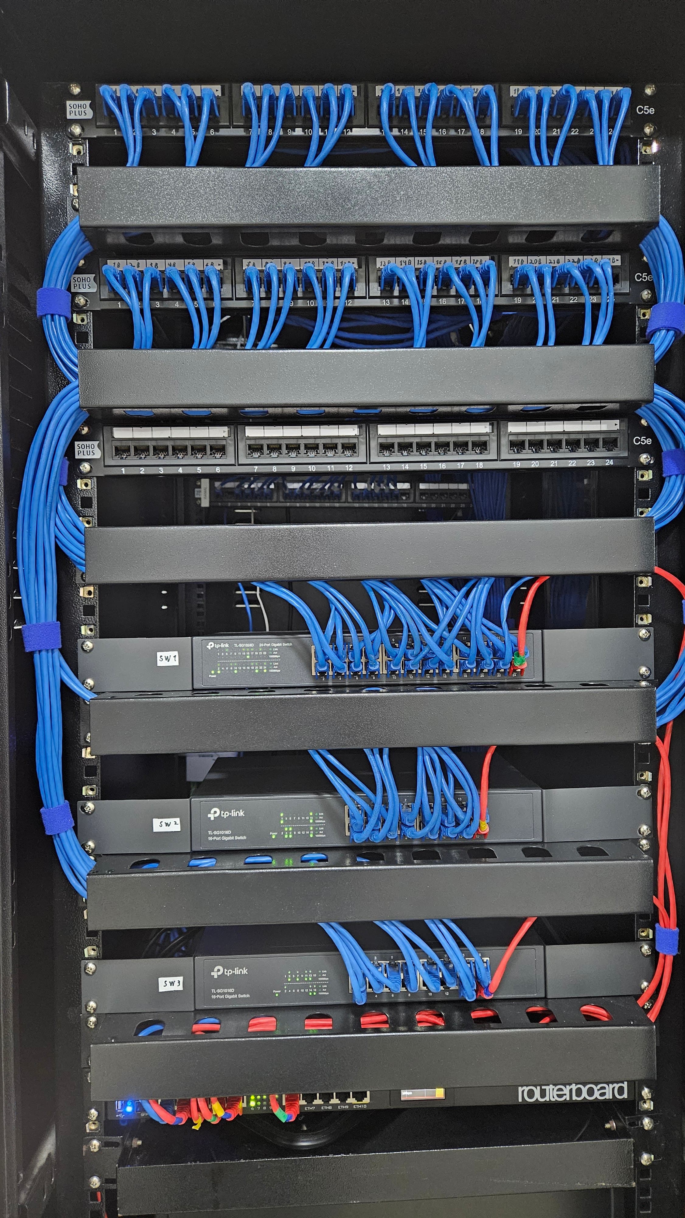 Rack de rede corporativo com patch panels e switches organizados, cabeamento estruturado identificado, instalado pela Orange Digital